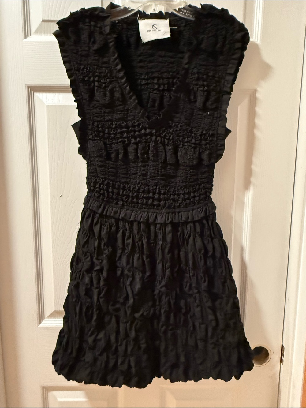 Self Contrast Black Midi Dress - Smocked Bodice